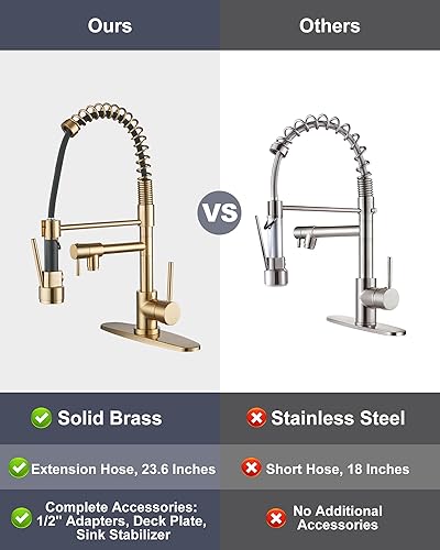 Miniatura 5 de WOWOW - Grifo de cocina de latón con rociador extraíble, grifo de cocina de resorte comercial de arco alto para fregaderos de 1 o 3 agujeros, grifo