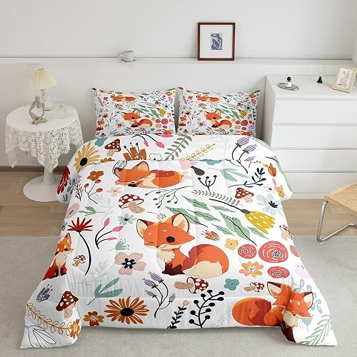 Erosebridal Cute Fox Comforter Set Mushroom Floral Queen Bedding Sets for Girls,