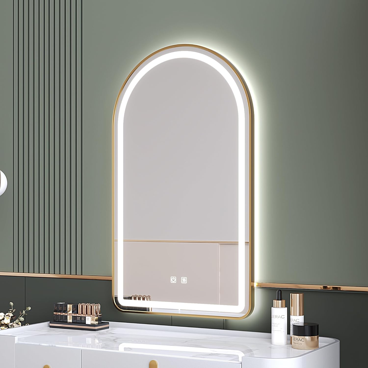 30x40 Inch LED Bathroom Arch Mirror, Gold Metal Frame, Adjustable Color Temp & Brightness,Anti-Fog,Shatter-Proof Rounded Arched Tempered Vanity Mirror for Wall