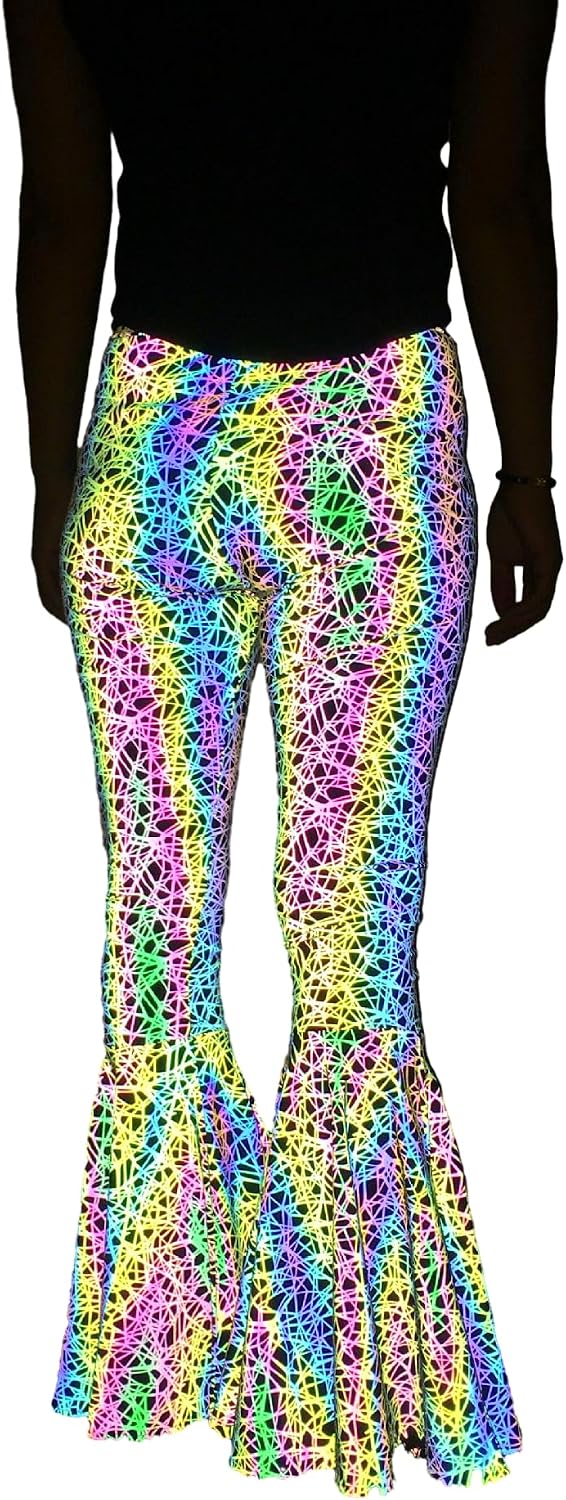 BaronHong Women's Cool Sexy Stage Colorful Reflective Flare Pants Fashion Slim High Waist Wide Leg Pants