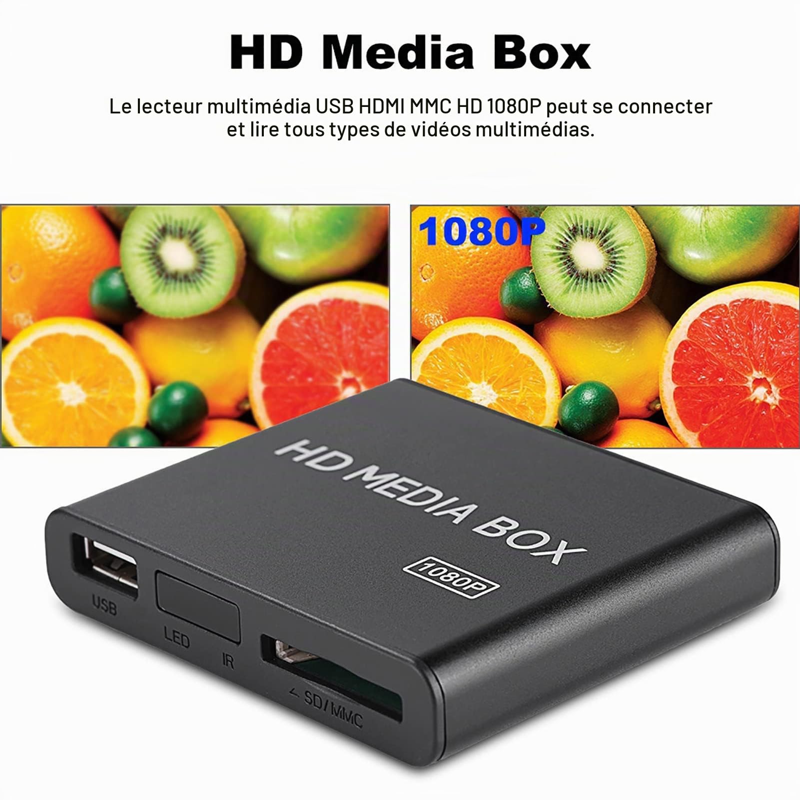 Mini Box Décodage Lecteur Multimédia de Petite Taille, Forte compatibilité Lecteur Multimédia 1080P Belle Apparence Prise en Charge RM/RMVB (Real8/9/10) Prise (Prise UE)