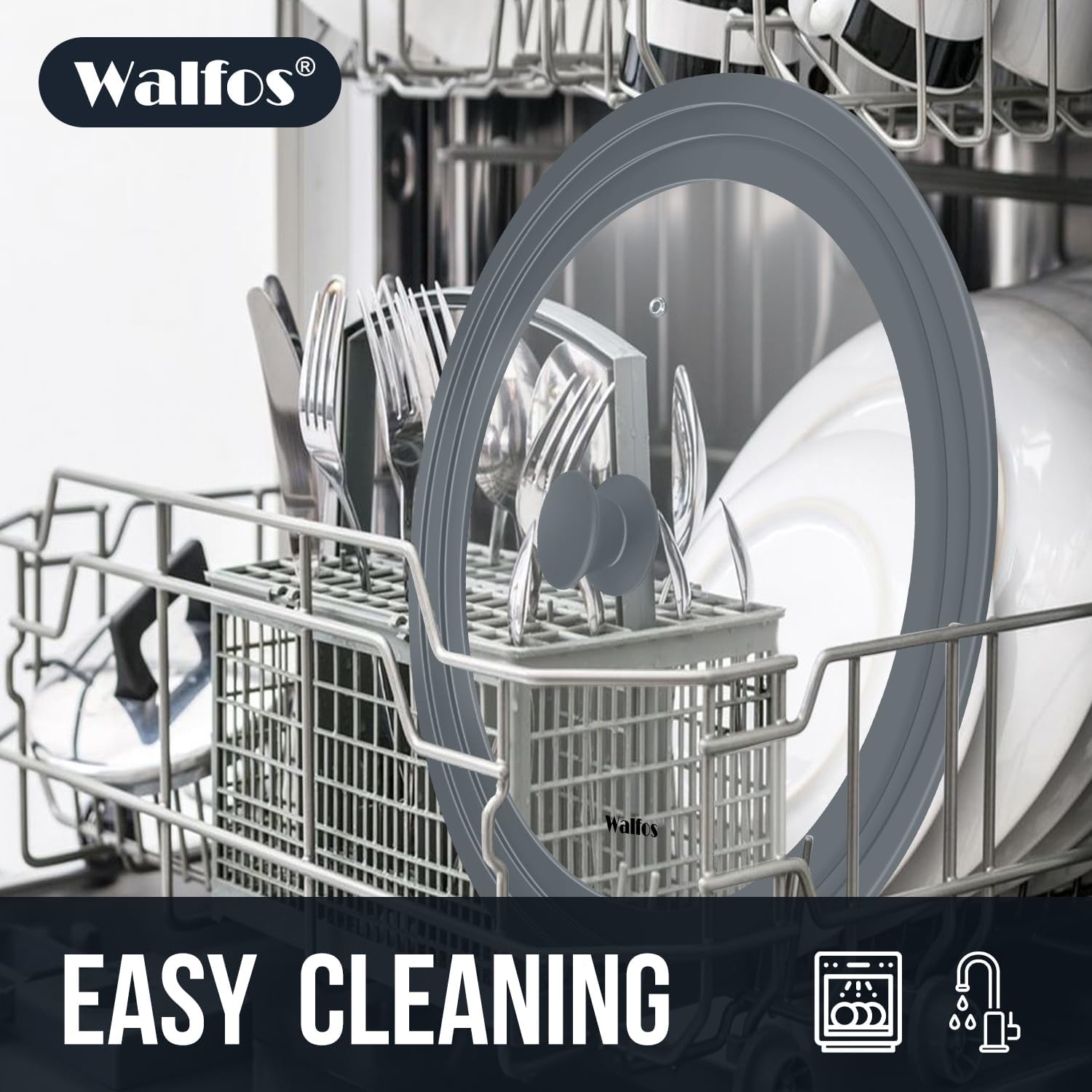 Walfos Universal Lid for 13", 14" and 15" Diameter Cookware - Tempered Glass Pan Lid with Heat Resistant Silicone Rim, BPA Free Pot Lids, Fits Pots, Pans and Skillets, Dishwasher-Safe, Gray