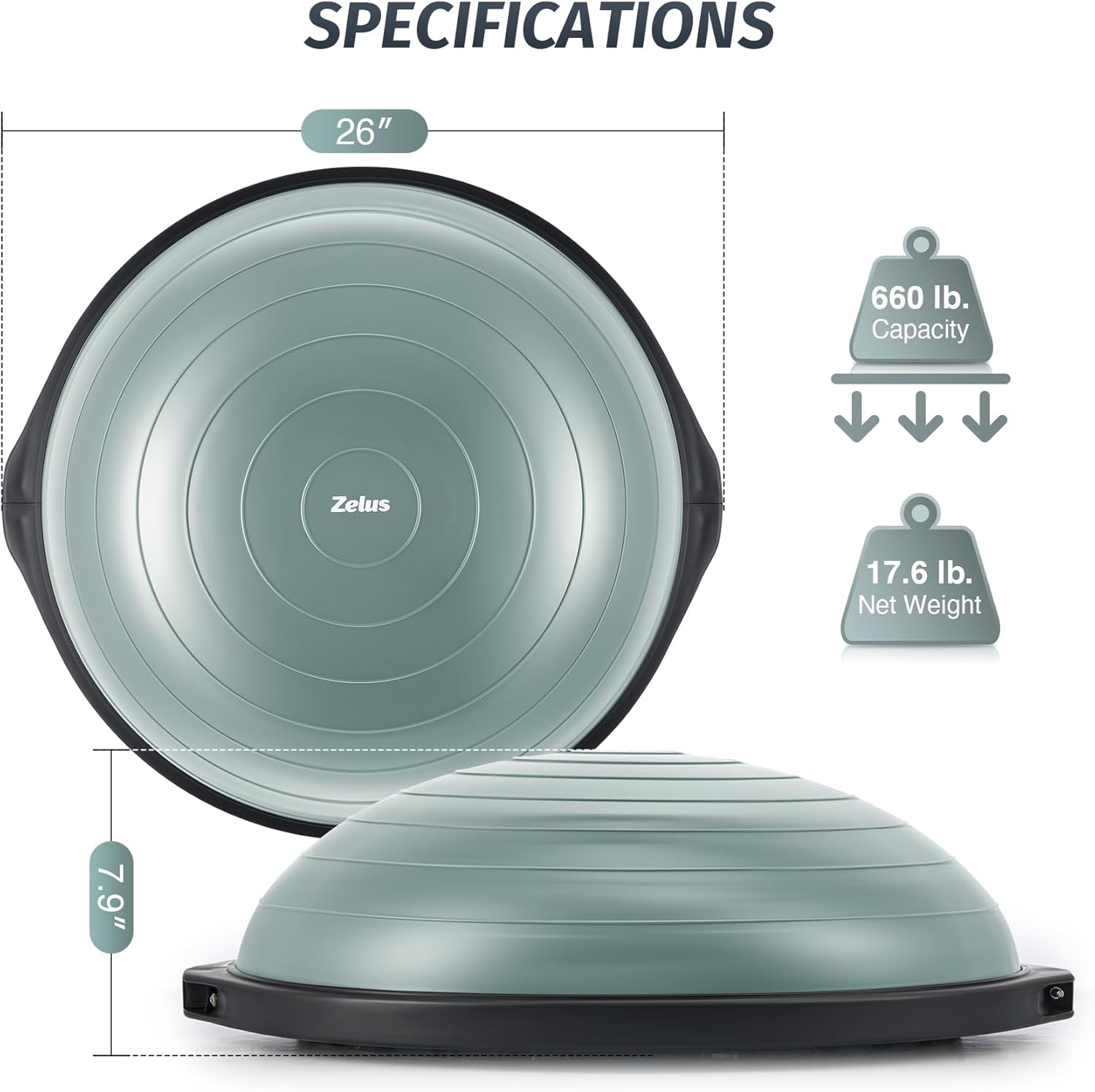 zelus 25in. balance ball | 660lb inflatable half exercise ball wobble board balance trainer w nonslip base | half yoga ball strength training equipment w 2 bands, pump, extra ball included sage green