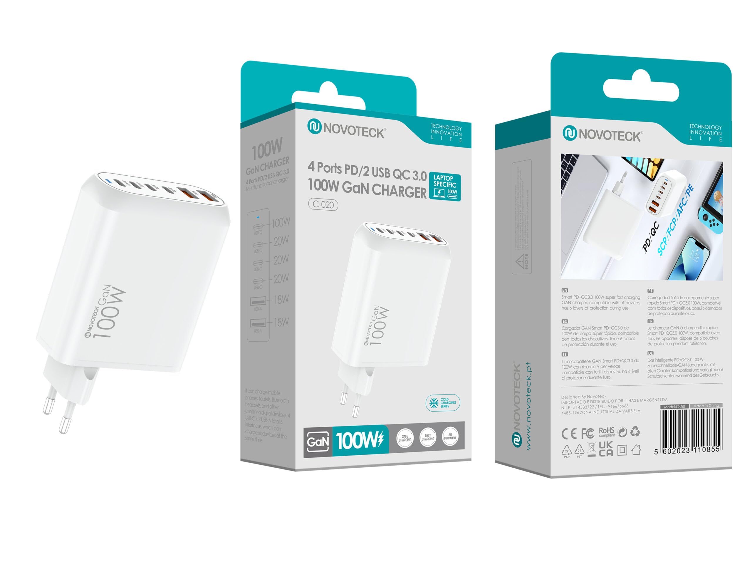 Cargador USB-C GAN 100W, 6 Puertos, 4 USB-C y 2 USB-A, PD/QC 3.0 | Compatible con MacBook, iPhone, iPad, Galaxy, Steam Deck y Switch; USB-C1 ofrece hasta 100W con reparto inteligente.