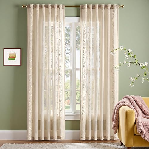 Miniatura 1 de jinchan Cortinas de lino de 84 pulgadas de largo, cortinas bordadas con lino, cortinas bordadas con paneles de campo de granja, cortina de ventana