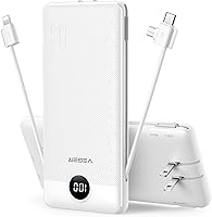 VEGER 10000mAh Portable Charger Built-in AC Plug & Cables, Ultra Slim Power Bank 15W Fast Charge iPhone Samsung Android Travel (White)