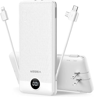 VEGER 10000mAh Portable Charger Built-in AC Plug & Cables, Ultra Slim Power Bank 15W Fast Charge iPhone Samsung Android Travel (White)