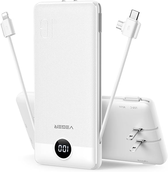 VEGER Portable Charger, 10000mAh Power Bank with Built-in Cables&Wall Plug, USB C Phone Chargers 5 Outputs 2 Inputs Travel Essentials, Slim External Battery Pack Compatible with iPhone, Android(White) - 1