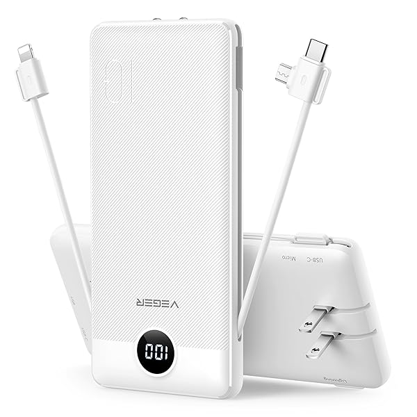 Amazon.com: VEGER Portable Charger with Built-in AC Plug and Cables, All in One 10000mAh Ultra Slim Power Bank Travel Essentials, 15W Fast Charging Battery Pack Compatible with iPhone, Samsung, Android (White) : Cell Phones & Accessories