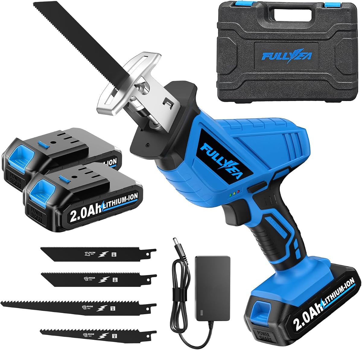 FULLYEA Reciprocating Saw Cordless, 3500SPM Variable Speed, 2x2.0Ah Battery | 4 Saw Blades, LED Light, Tool-Free Blade Change, Portable Electric Reciprocating Saws for Woods/Metal/Plastic Cutting,Blue