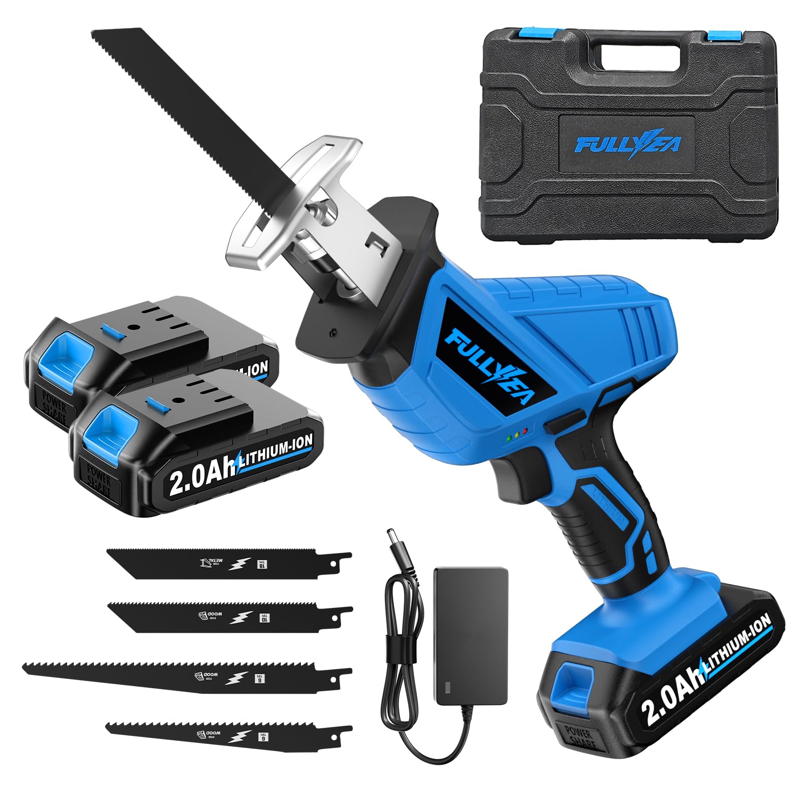 FULLYEA Reciprocating Saw Cordless, 0-3500SPM Variable Speed Reciprocating Saws with 4 Saw Blades, Tool-Free Blade Change, Electric Reciprocating Saws for Woods/Metal/Plastic Cutting,Blue