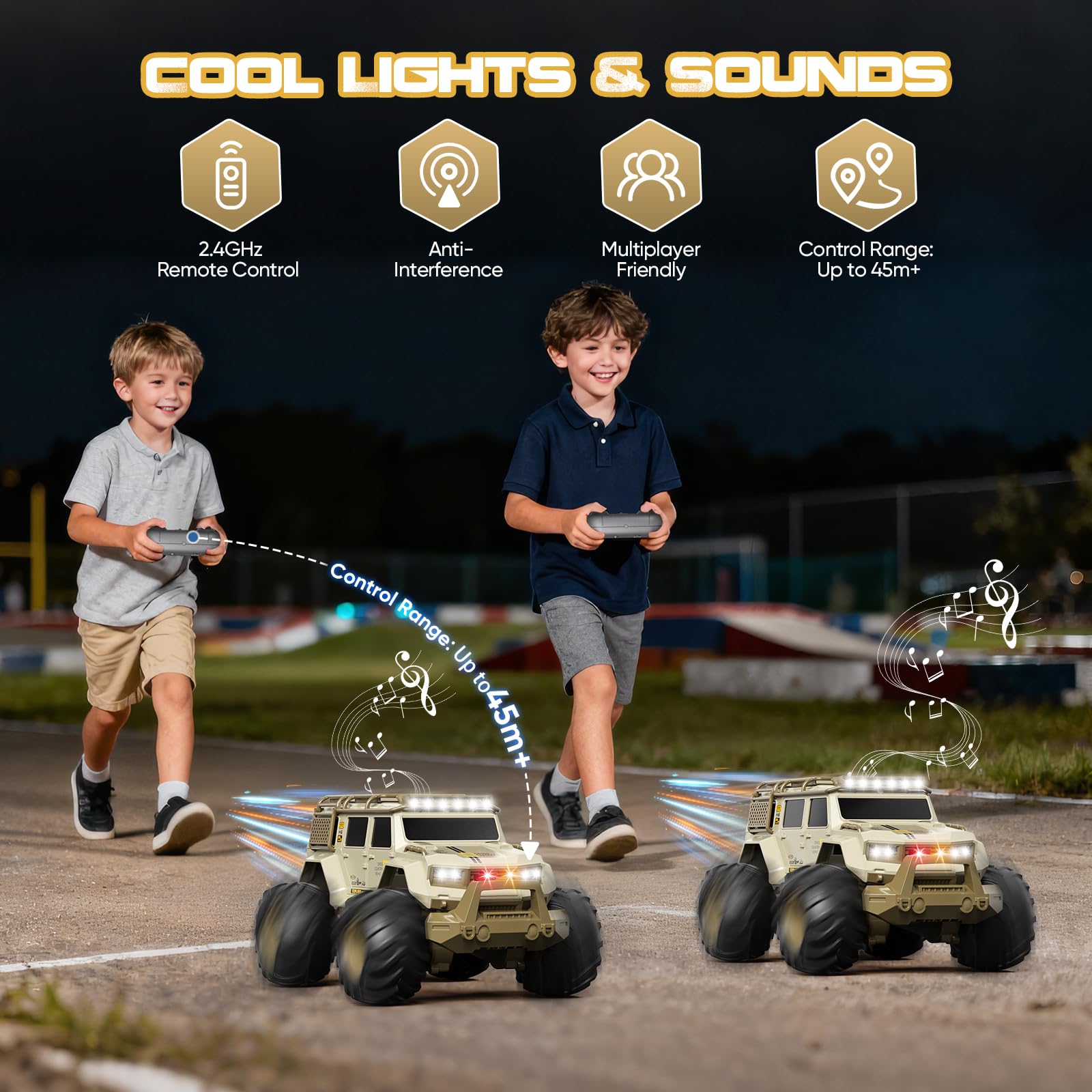 1:14 Coche Teledirigido, 2,4 GHz RC Monster Truck con Luces LED, 4 WD Todo Terreno Stunt Coche, Monster Truck Teledirigido Perfecto Regalo para Niños (Caqui)