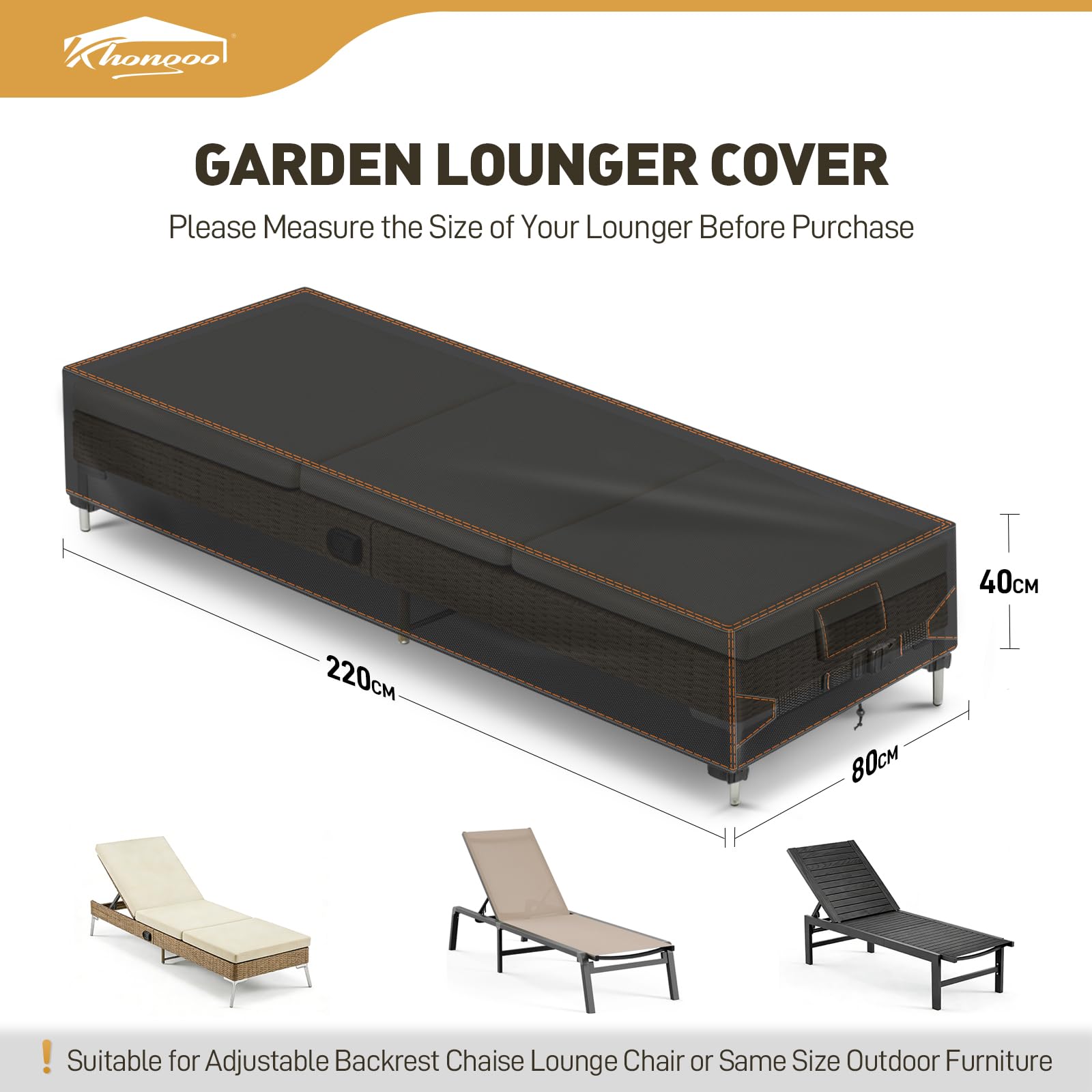 Funda para tumbona de jardín, 220 x 80 x 40 cm, funda protectora Oxford 420D para tumbona de jardín, impermeable, protección UV contra decoloración, resistente a desgarros, color negro