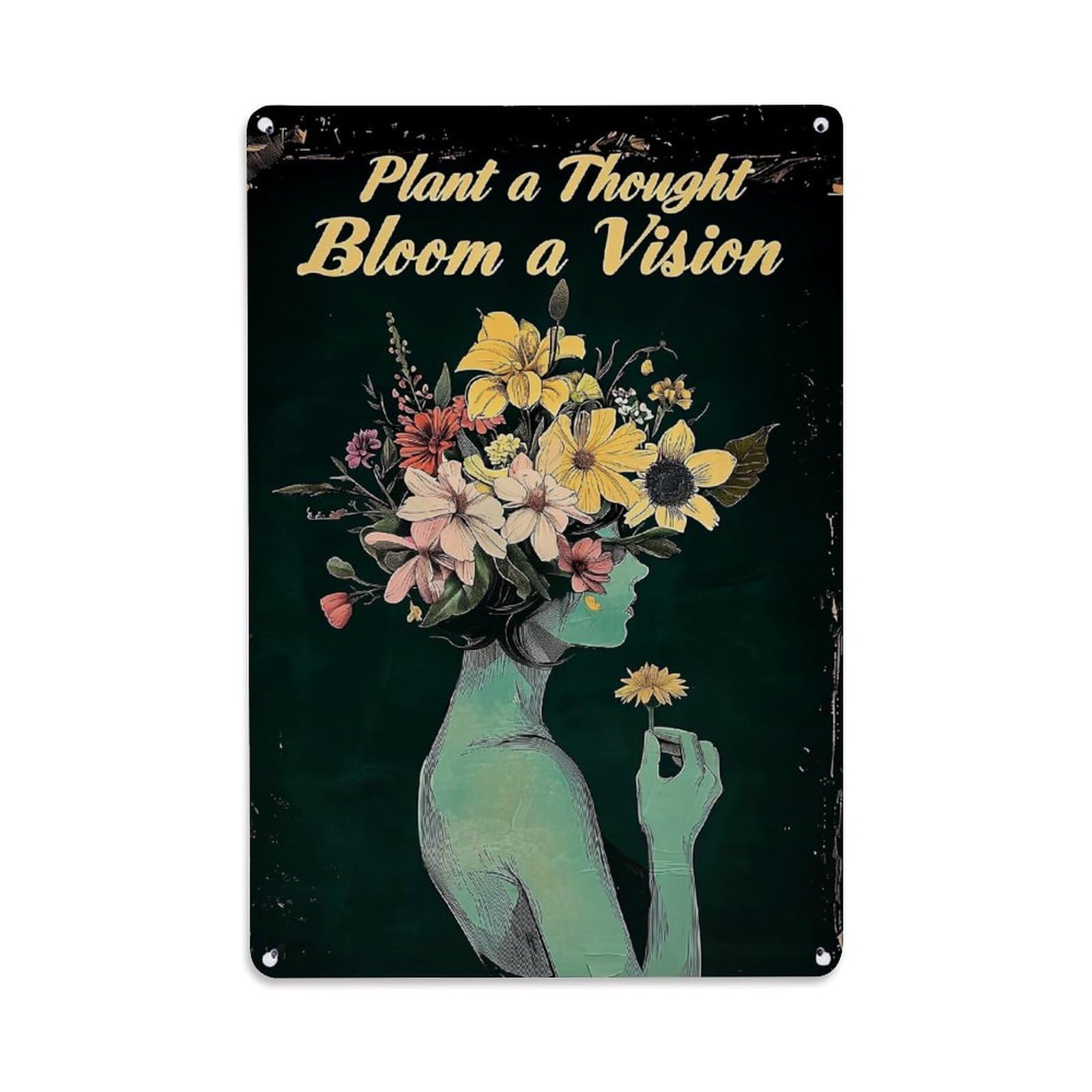 Jdyaojiesheng Vintage Floral Head Silhouette Holding Flower Tin Sign Retro Metal Wall Decor Metal Poster, Home Bar Garage Farmhouse Cafe Wall Art Decoration 8X12inches