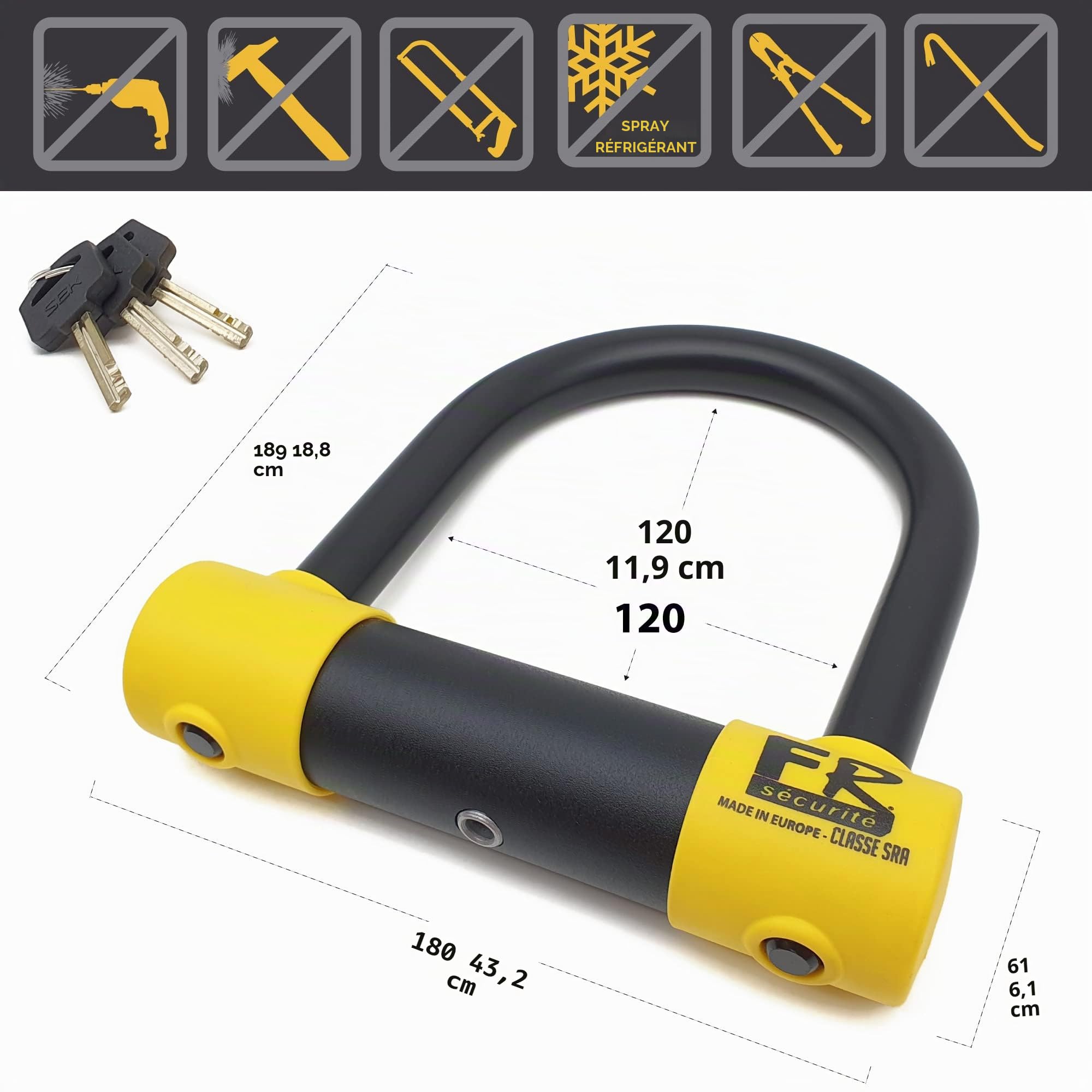 FR SÉCURITÉ FR120S Antivol Moto Homologué SRA, Haute Sécurité, U Ø18 en Acier Cémenté, Double Verrouillage avec Serrure Anti-Crochetage, Antivol Vélo U Robuste, Scooter et Vélo Électrique 120x120mm