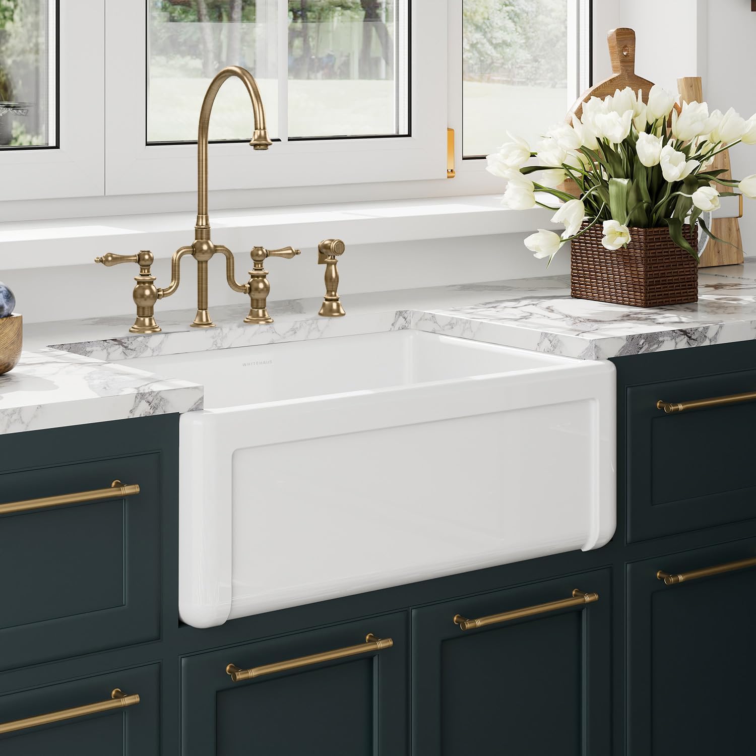 Whitehaus Collection 27" Reversible Single Bowl Fireclay Kitchen Sink with Grid: Three Edge Frame, Plain Front Apron
