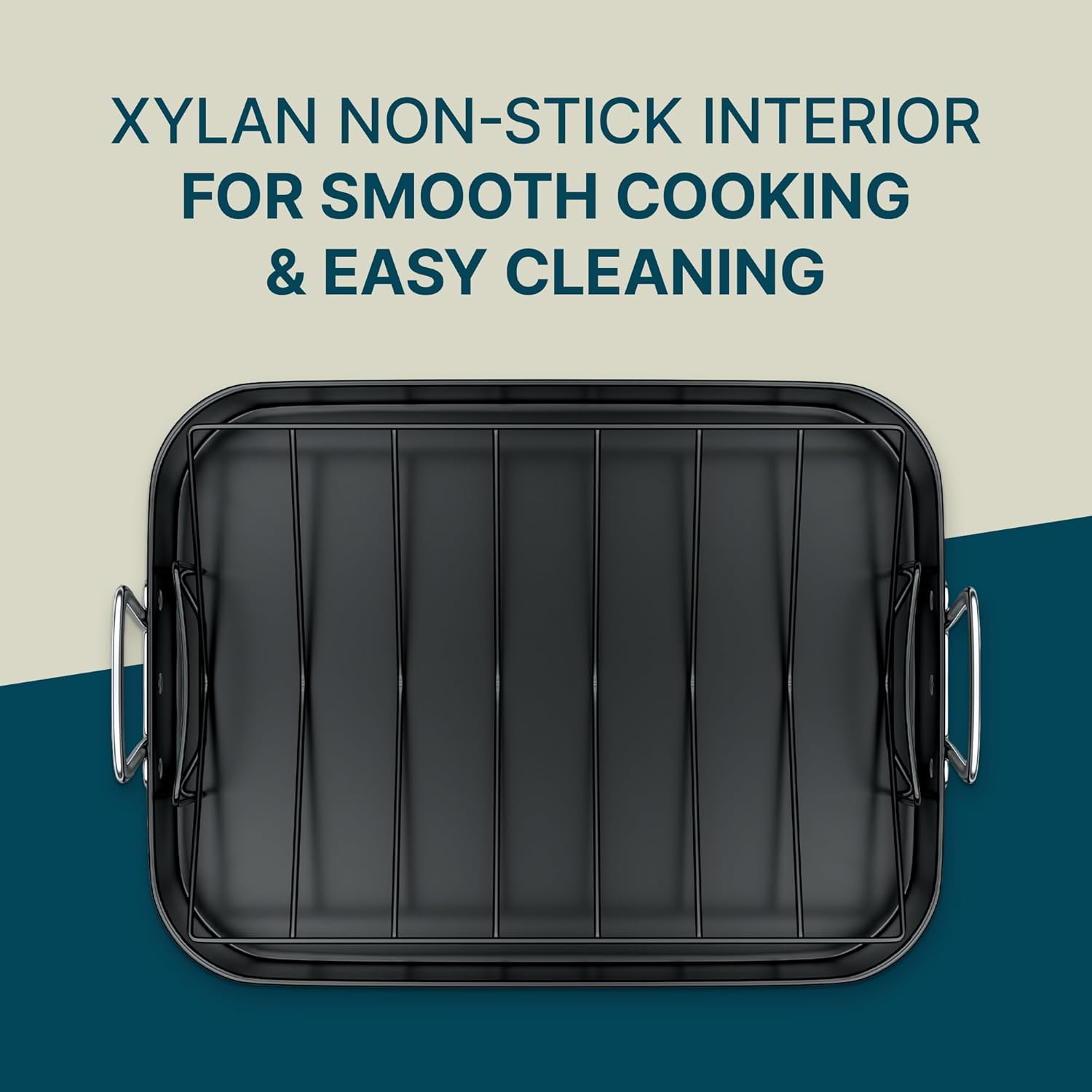 Gibson Home Broxton 2-Piece Turkey Roaster with Metal Rack, 16.5-Inch Carbon Steel, Non-Stick Black Xylan Interior, Elegant French Handles, Ideal for Roasting Large Turkeys, Easy Cleanup