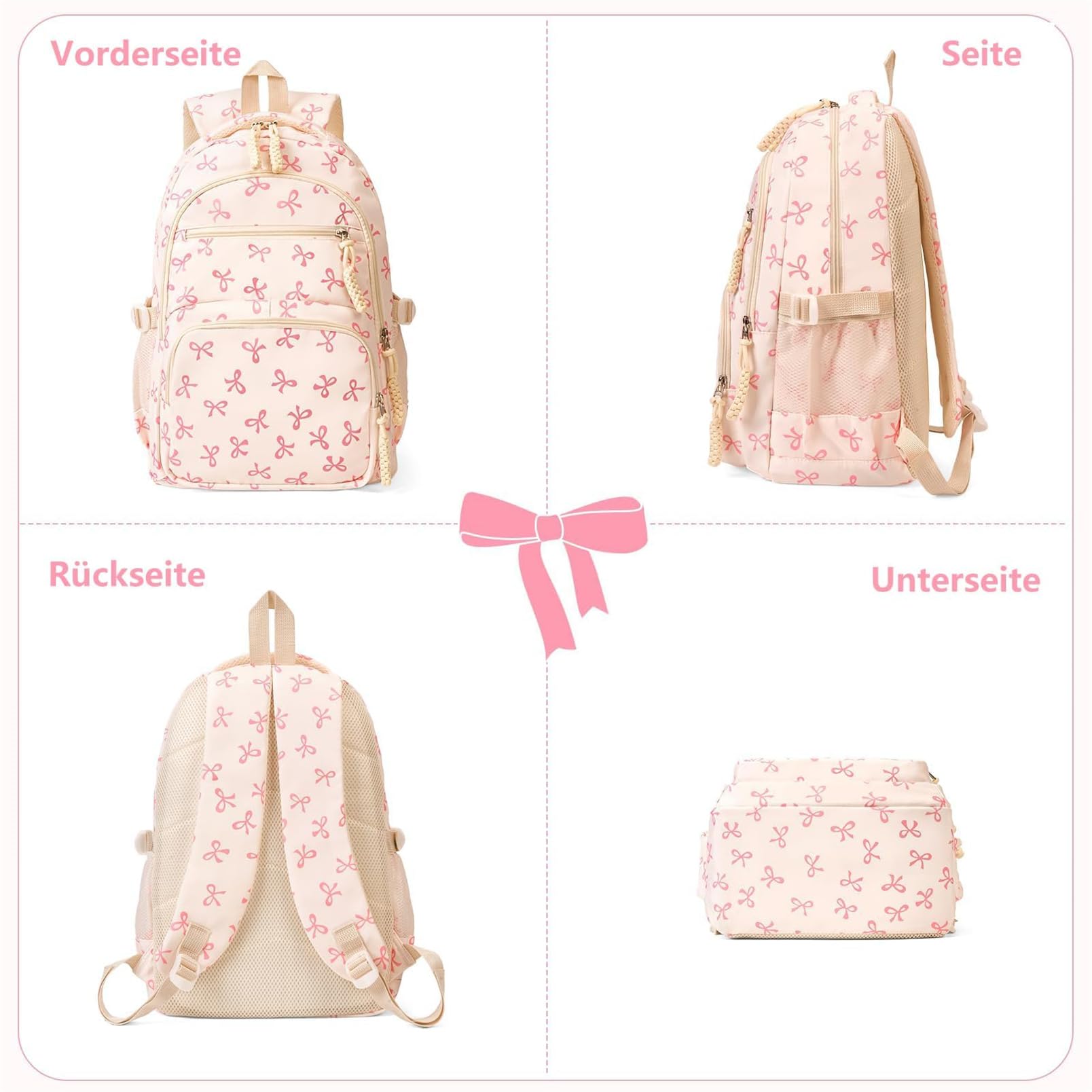 Schulrucksack Set 3-teilig mit Schleifen – Coquette Stil Rucksack für Teenager Mädchen, Aesthetic Schultasche geeignet für 5. Klasse & Laptops bis 15,6 Zoll (Rosa)