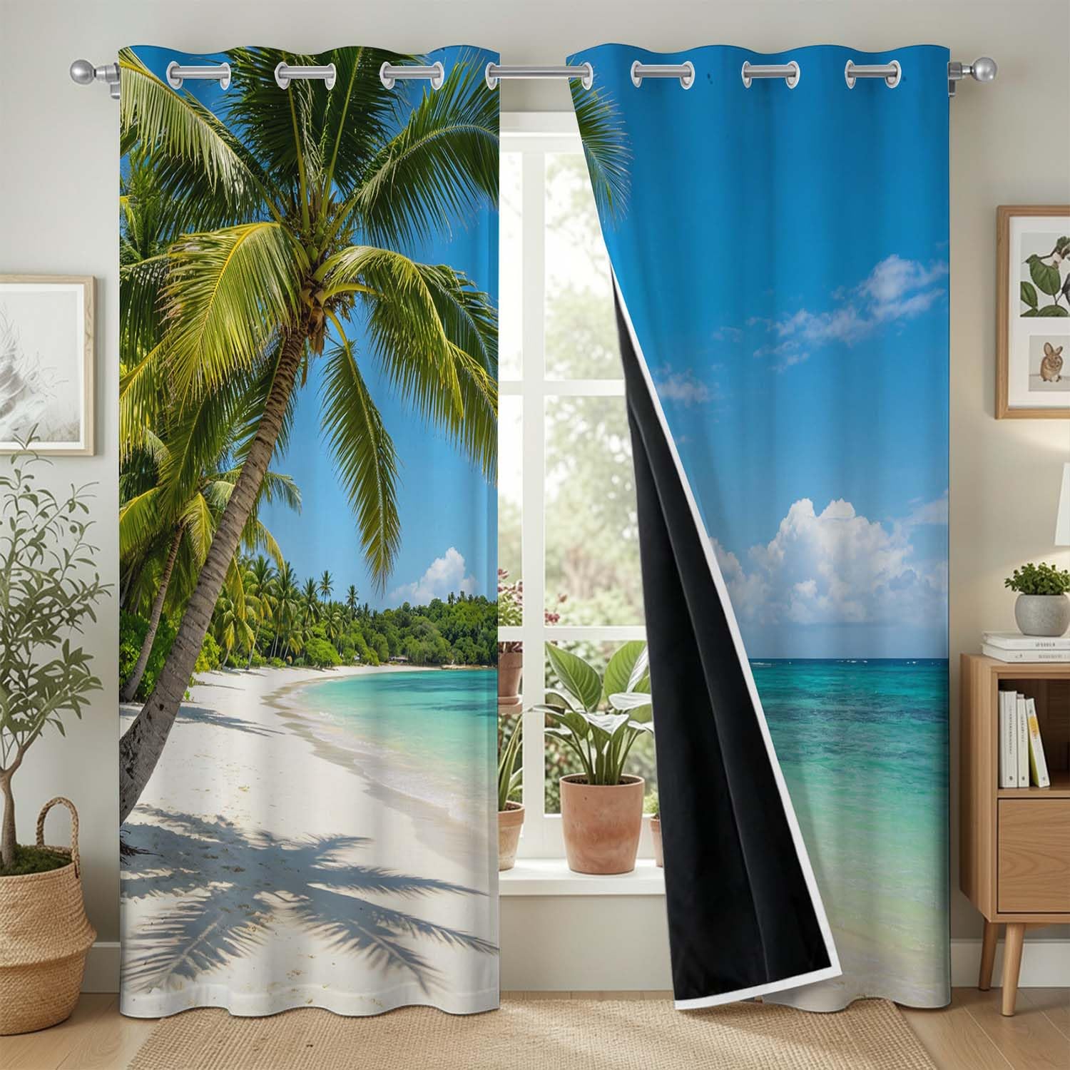 Rideaux Occultants 117x138 cm Lot de 2 à Œillets Plage Tropicale