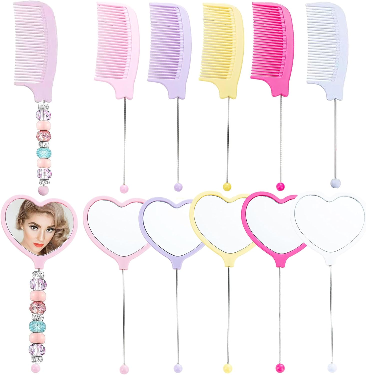 Frinnovan ビーズ付きコーム DIY 5パック ビーズ可能なハンドヘルドハートミラーセット プラスチックワイドトゥースハンド