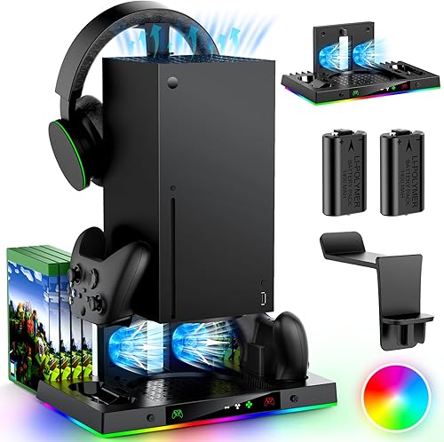 Ventilador de refrigeración mejorado y soporte de carga dual para consola y controlador Xbox Series X, sistema de estación de carga más fría para la