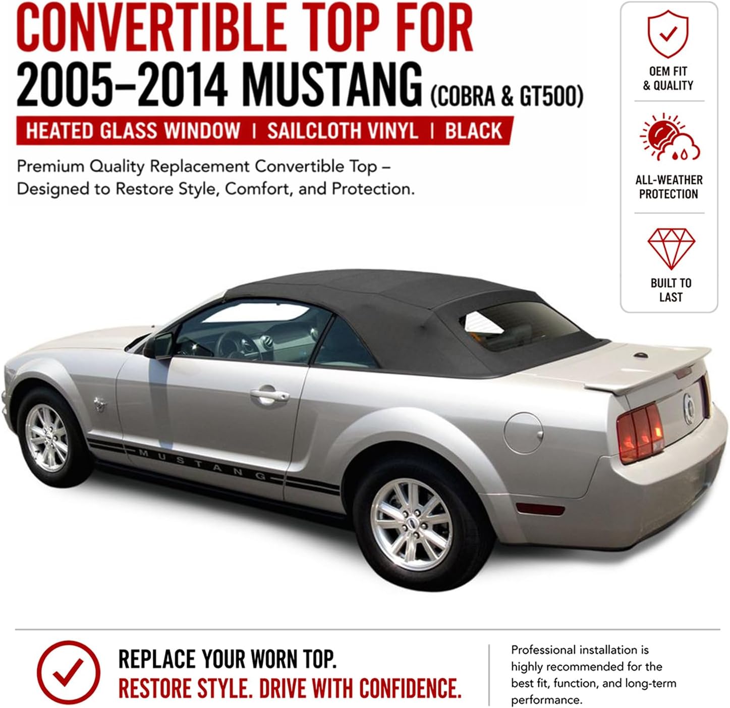 Ford Mustang Convertible Top Replacement 2005 2014, Ford Mustang Convertible Soft Top Sailcloth Vinyl, Heated Glass Window Black OEM Upgrade with DOT Approved Glass Window