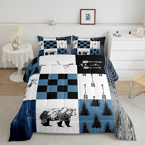 Rustic Cabin Lodge - Juego de edredón de retazos tamaño individual, juego de ropa de cama de oso de caza, ciervo, azul, negro, gris, búfalo, edredón