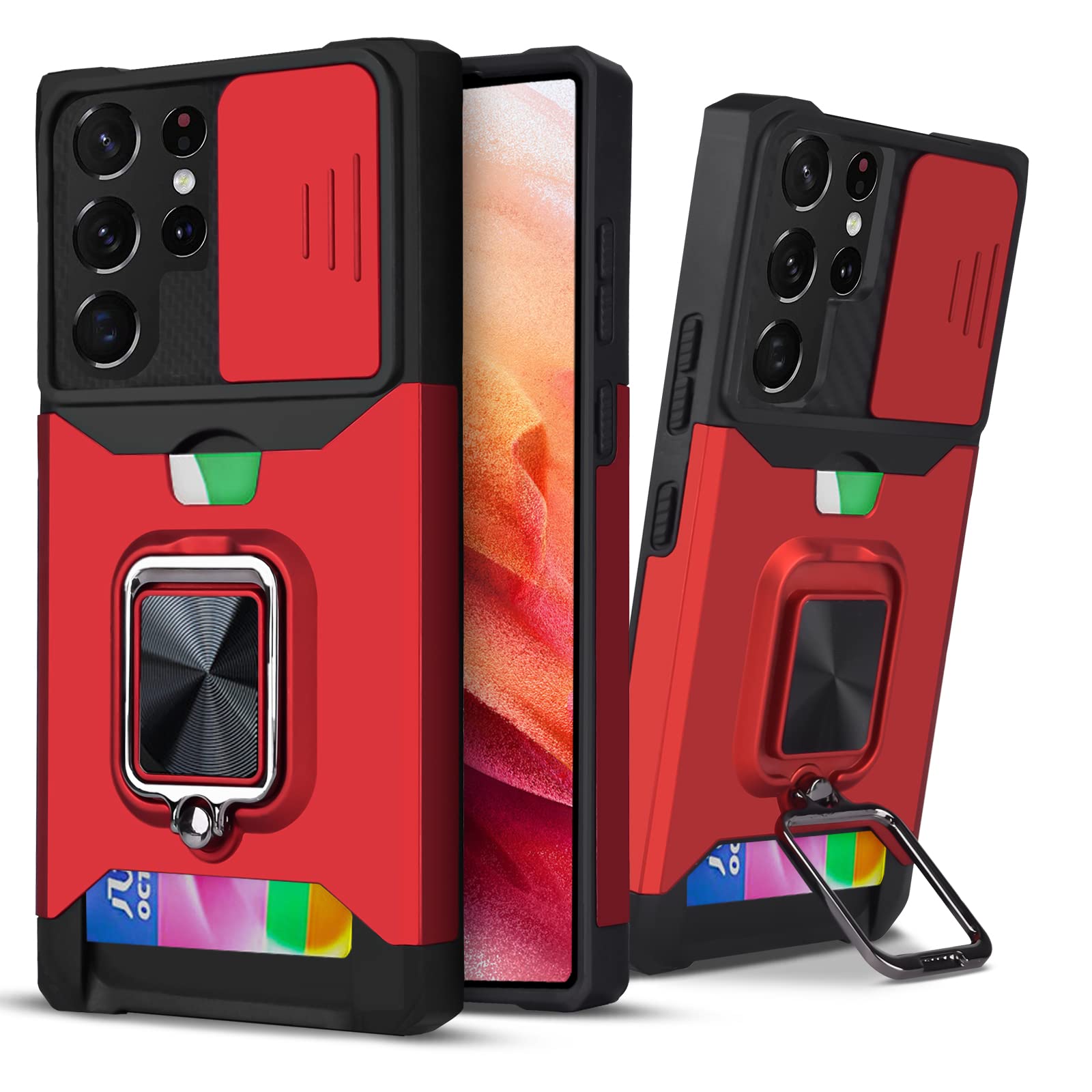Wallet Case for Samsung Galaxy S22 Ultra 5G with Camera Cover & Kickstand,Slide Len Protection Card Holder Slot 360°Rotate Ring Armor Military Bumper Shockproof Case for Samsung Galaxy S22 Ultra-Red