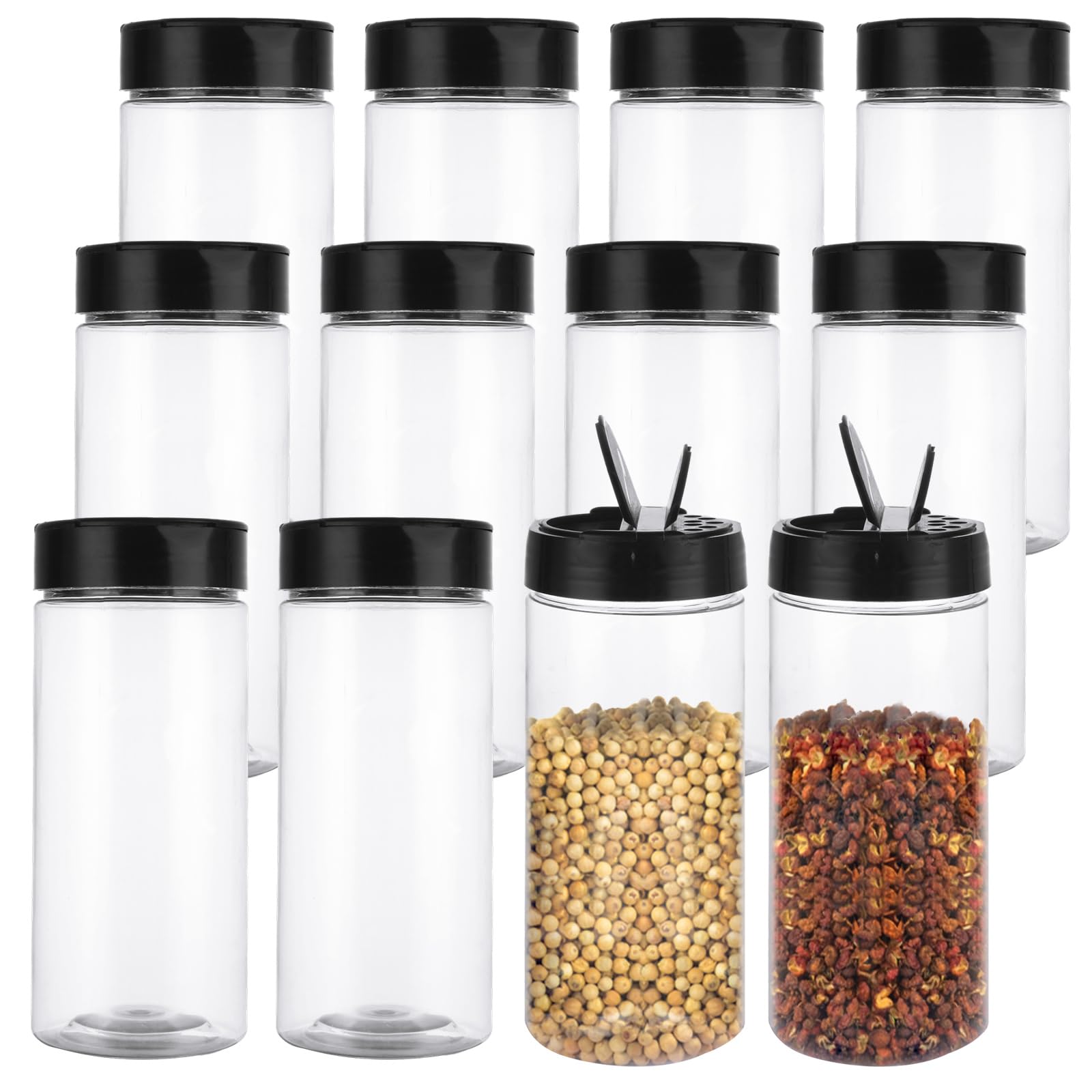 Confezione da 12 barattoli per spezie in plastica trasparente da 453,6 g, contenitori per spezie con tappo nero, contenitori per condimenti con coperchio per conservare spezie, condimenti in