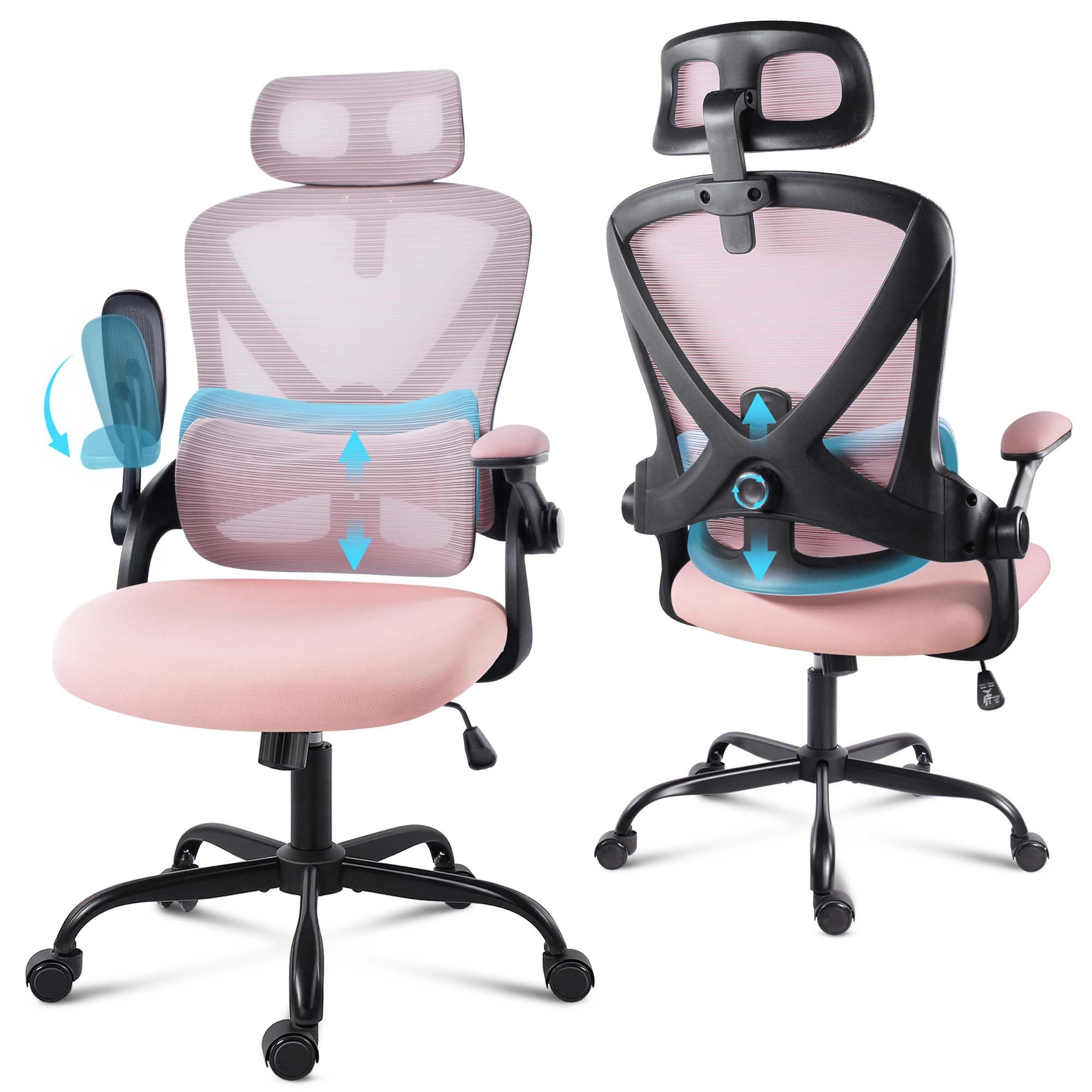 GGCIR Ergonomic Office Chair, Thick-Padded Flip-Up Armrests Chairs, Desk Chair with Adjustable Lumbar Support for Home Office, Gaming, Study, Long Hours Sitting(Pink)