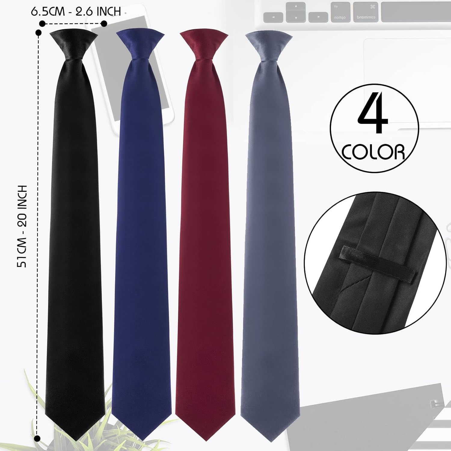 Bencailor 4 Pcs Men's Clip-on Ties Solid Color Men's Tie Pre Tied Clip on Ties for Man Clip on Necktie Button Tie - Image 2