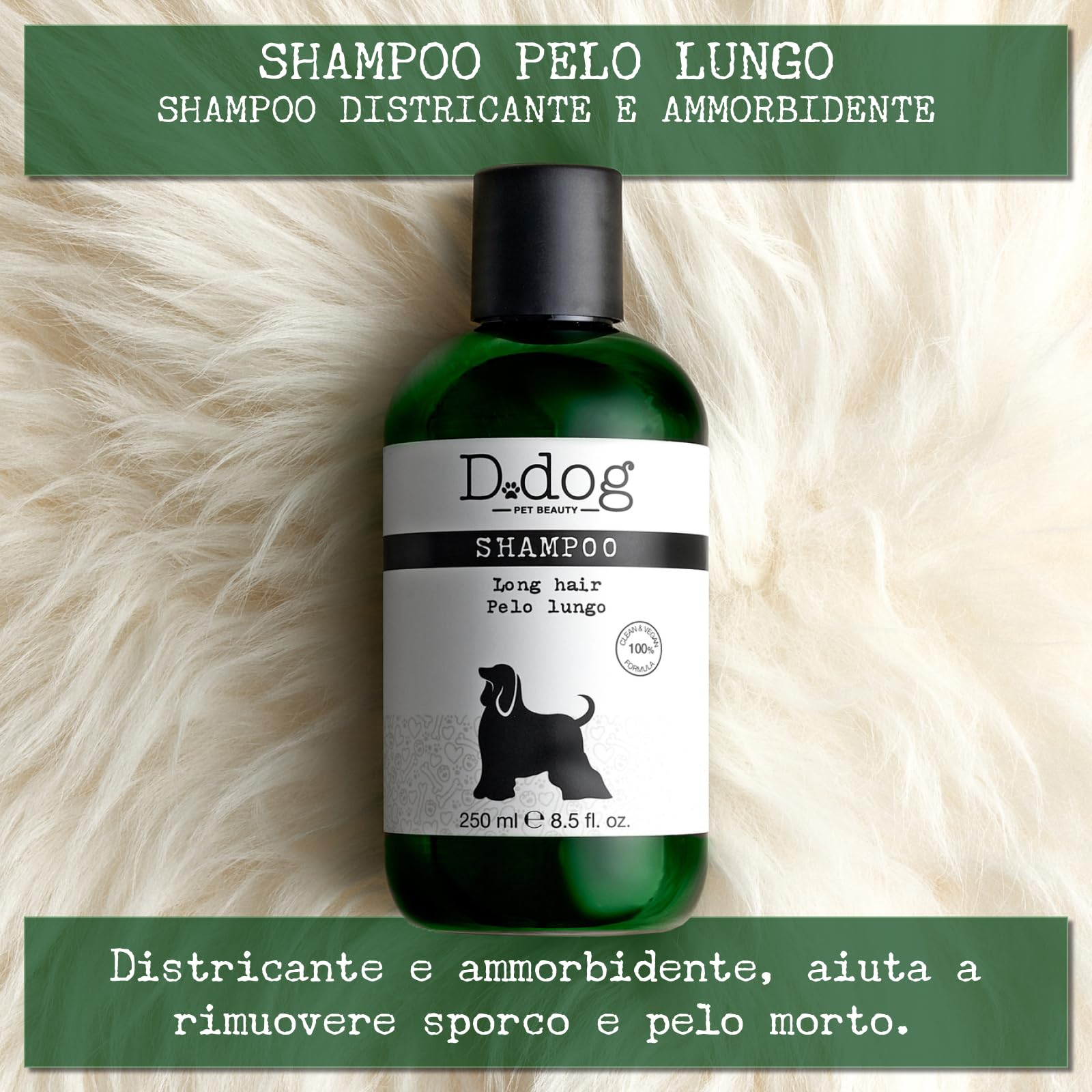 Diego dalla Palma D-Dog Pet Shampoo Long Hair - Detangling and Softening - Helps Remove Dirt and Dead Hair - Prevents Knots and Felting of The Coat - Contains Amazonian Acaí and Babassu Oils - 8.5 Oz