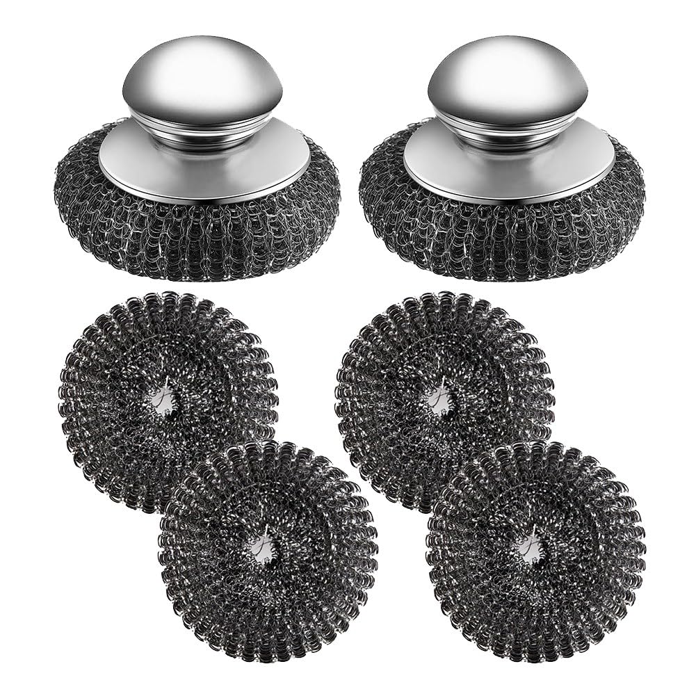 Osmond 2Pcs Stainless Steel Scrubber with Handle, 4 Replacement Scrubber,for Cleaning Cast Iron, Dishes, Kitchen Pots, Grills