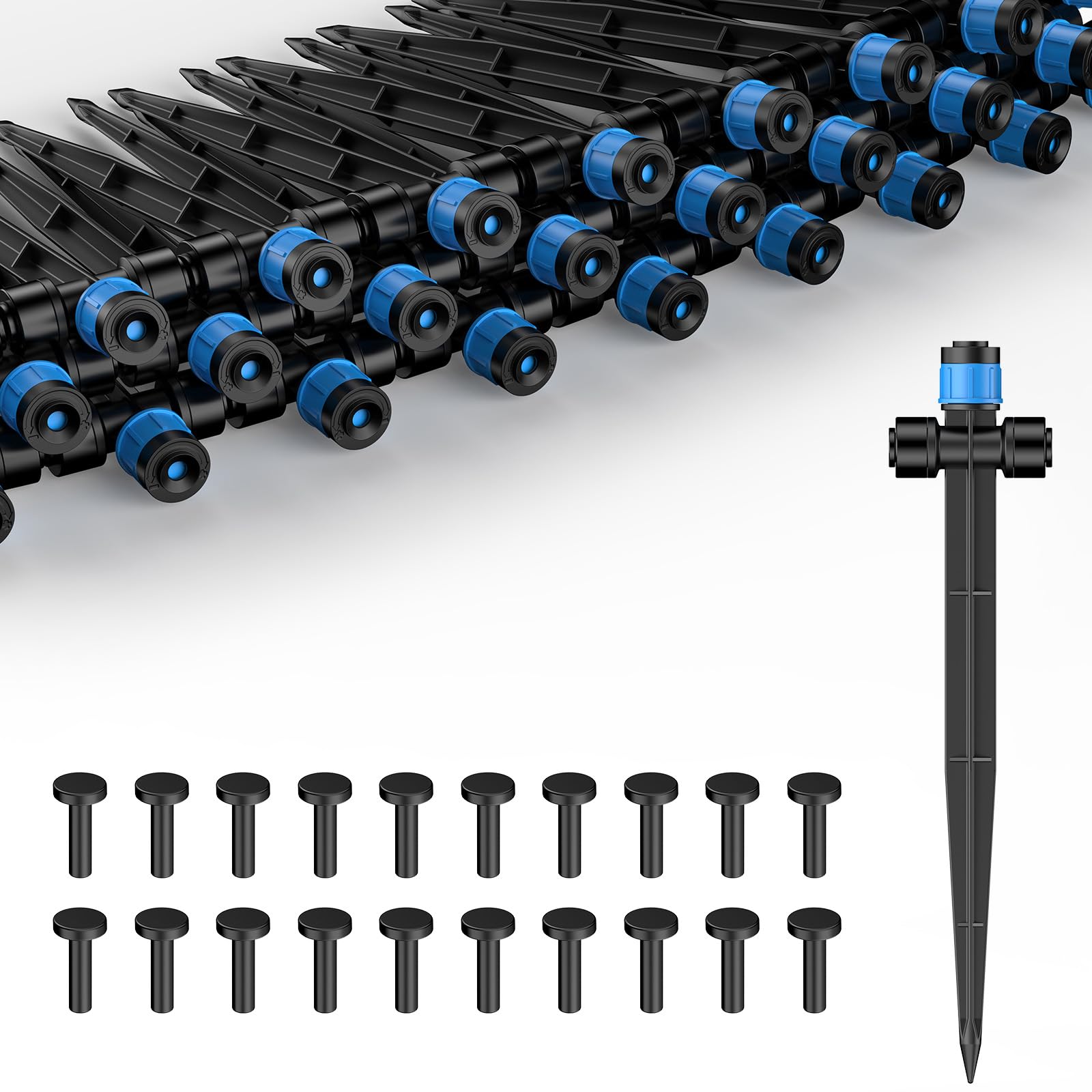 Pawfly 60 Pcs Push-to-Fit Drip Irrigation Emitters for 0.64 CM Tubing, Two-Way Connection Irrigation Drippers with Adjustable 360 Degree Water Flow, Drip Emitters Sprayers with Stake & End Plugs
