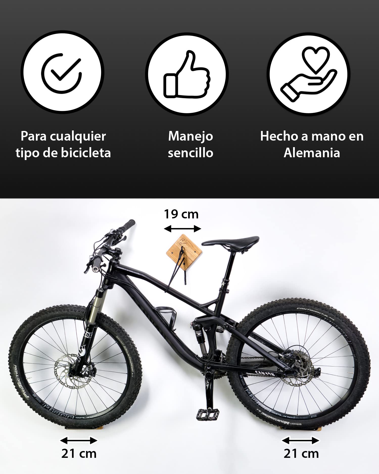 Soporte para bicicleta PARAX - Soporte de pared para bicicleta - Almacenamiento de bicicleta interior - para MTB, E-Bike, bicicleta de mujer, bicicleta de carretera, bicicleta gravel - hasta 35 kg - de madera