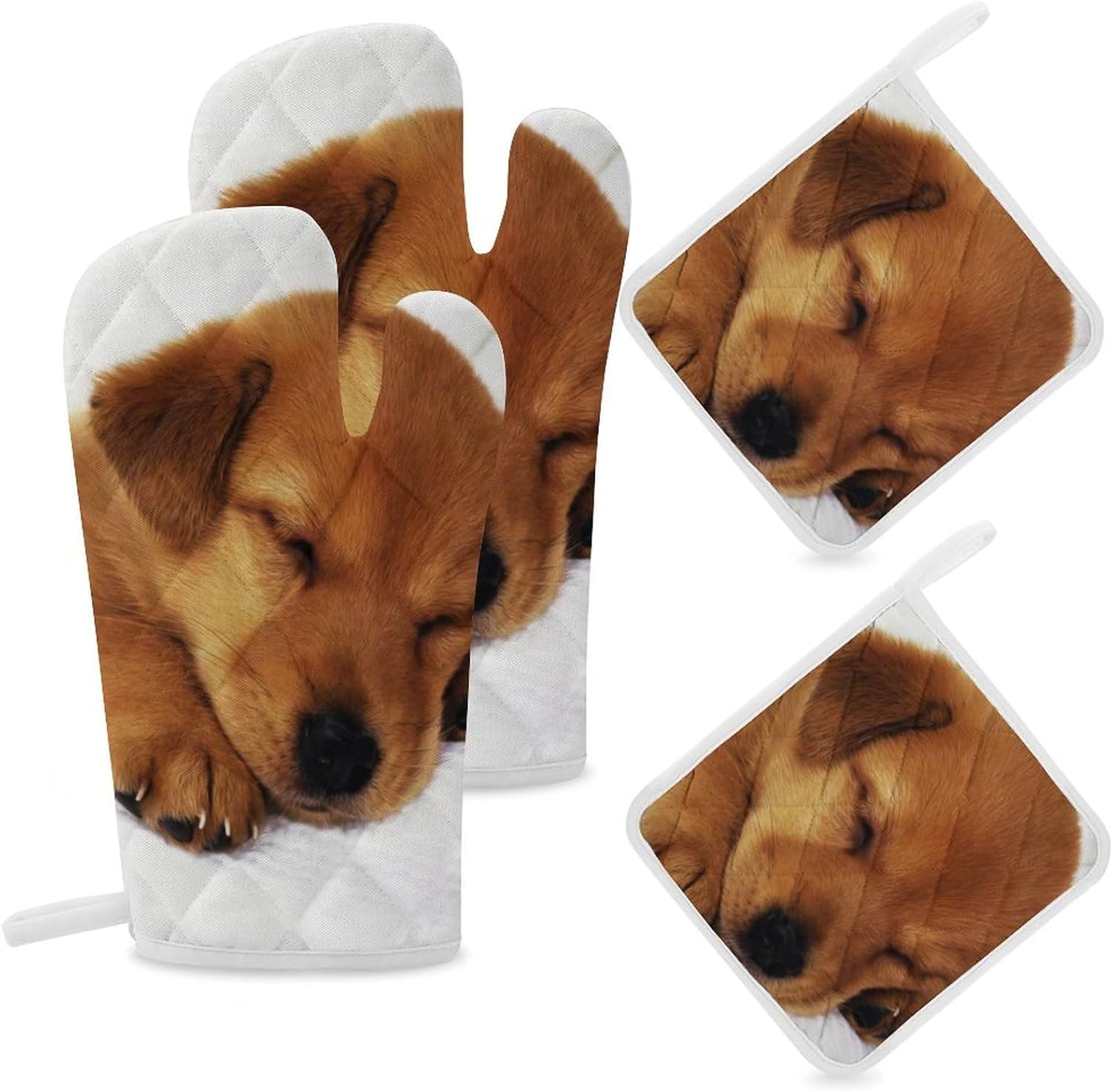 Cute Little Dog Oven Mitts and Pot Holders 4Pcs Set Heat Resistant Cooking Mitts Hot Pads