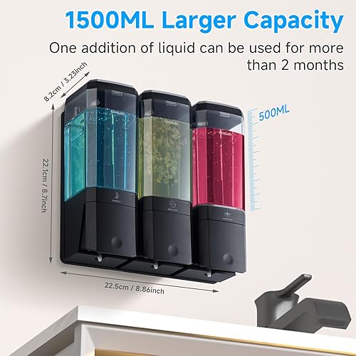 Miniatura 3 de Dispensador de ducha de 3 cámaras, sin taladro, champú y acondicionador montado en la pared, dispensador de gel corporal, gran capacidad, 50.7 fl