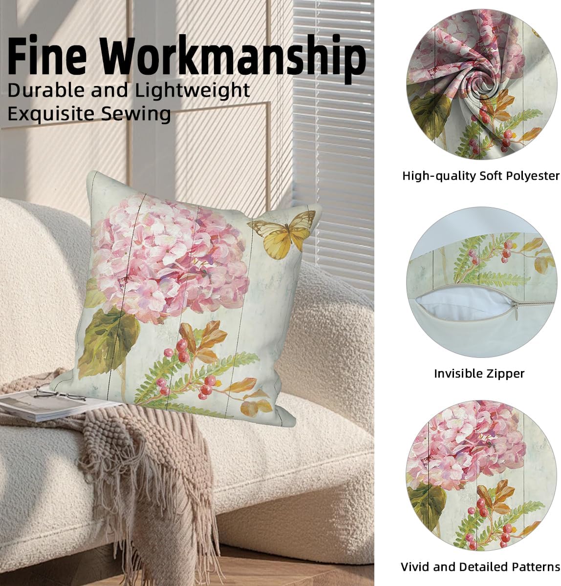 4 Pcs/Set Floral Pillow Covers Vintage Peony Rose Flowers Colorful Butterflies Geometric Check Natural Plants Valentine Throw Pillow Covers for Outdoor Couch Sofa Bedroom Decor, 18"x18"