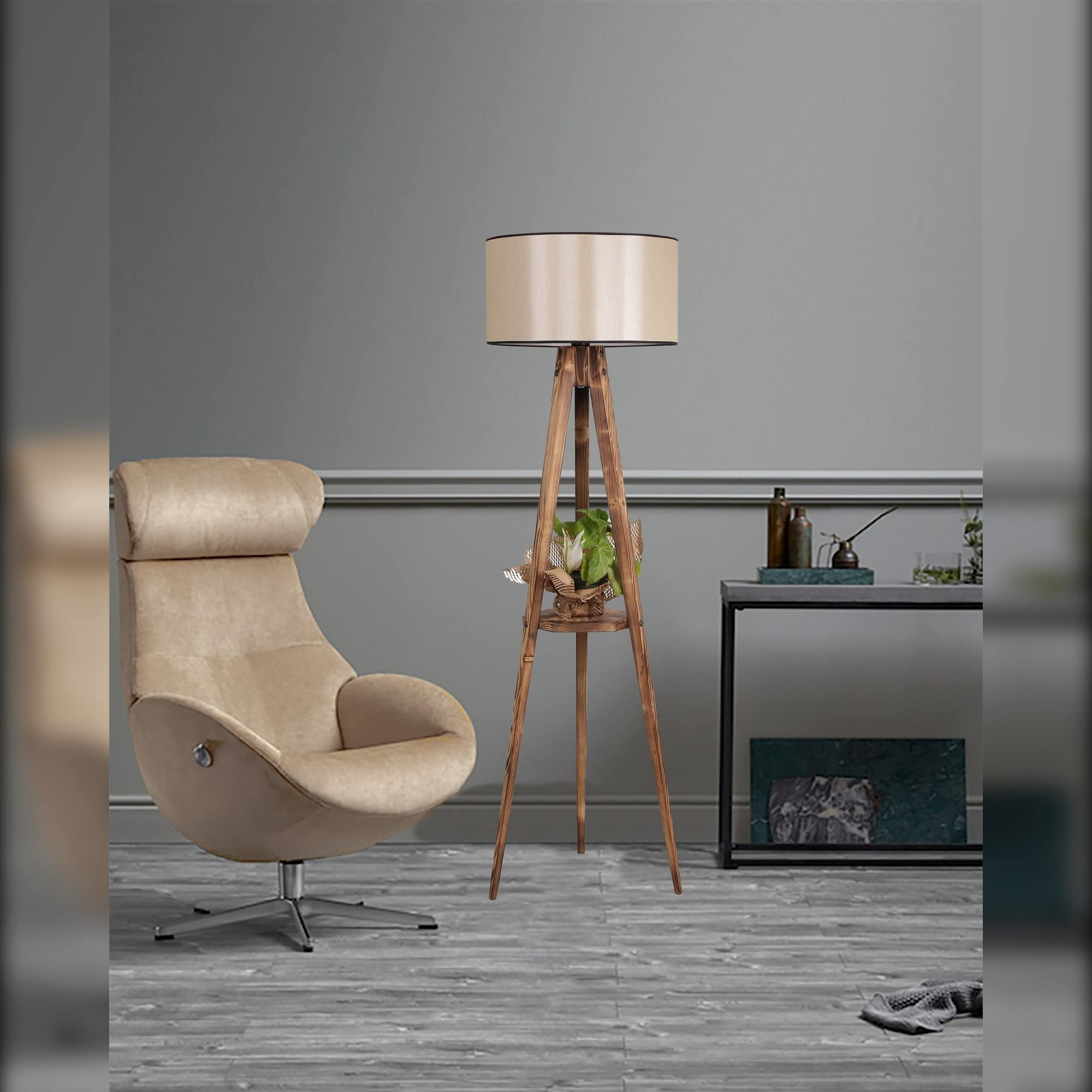 LÁMPARA DE PIE CON MADERA PANTALLA ANCHA, BEIGE, COLECCIÓN TANGANICA, 45X45X153, CASQUILLO E 27 MAX 60 W