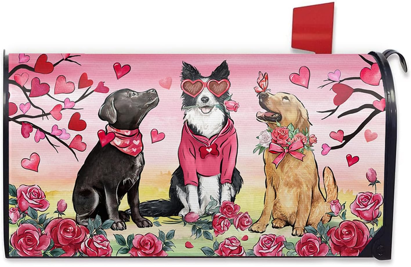 Valentine's Day Mailbox Cover Magnetic Standard Size 20.5" x 18", Golden Retriever Dog Love Tree Decorative Post Letter Box Wrap Decor, Rose Anniversary Wedding Garden Yard Outdoor Decoration
