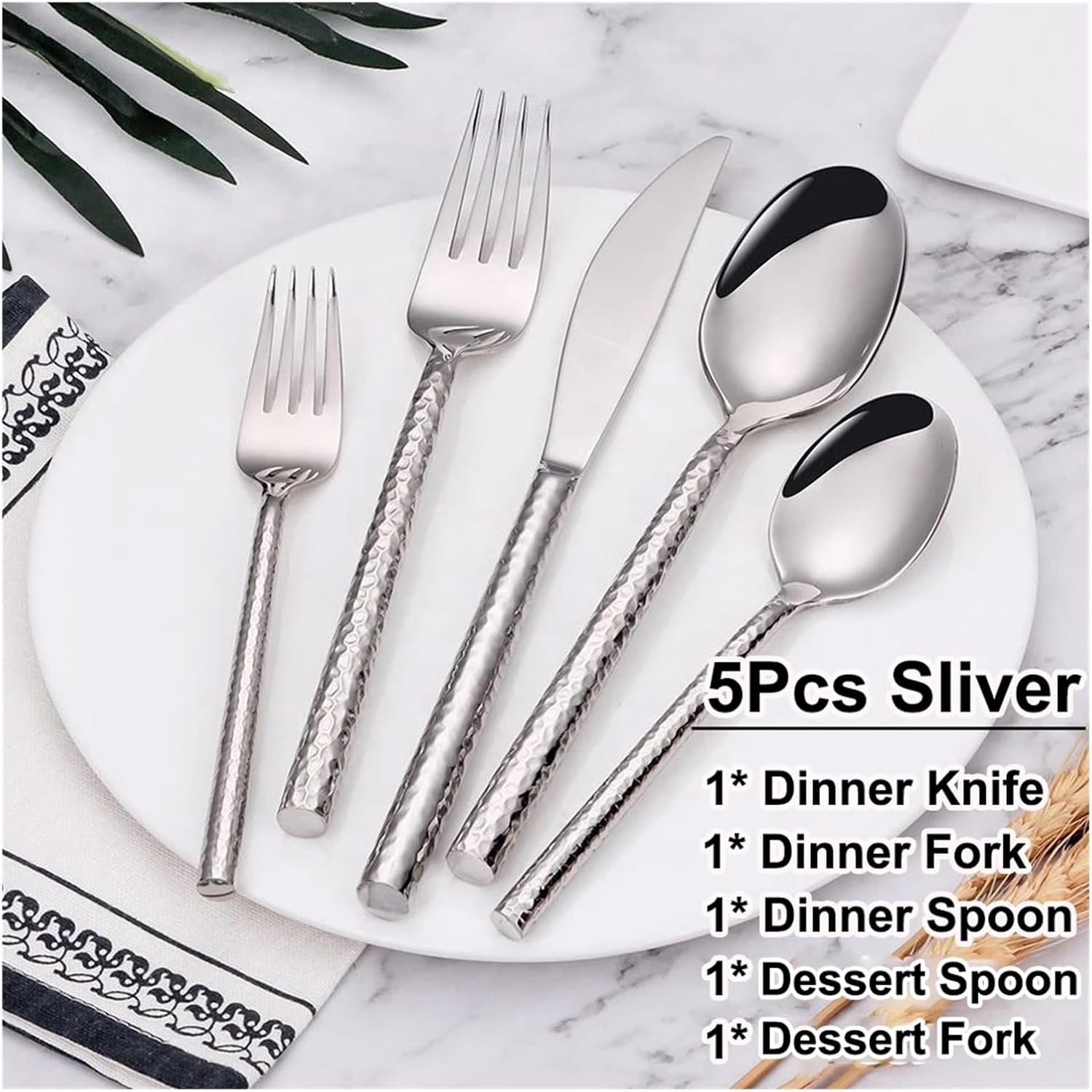 5/10/15/20Pcs Gold Heavy Cutlery Sliver Dinner Set Stainless Steel Tableware Mirror Western Hammer Pattern Handle Fork(5pcs Sliver)