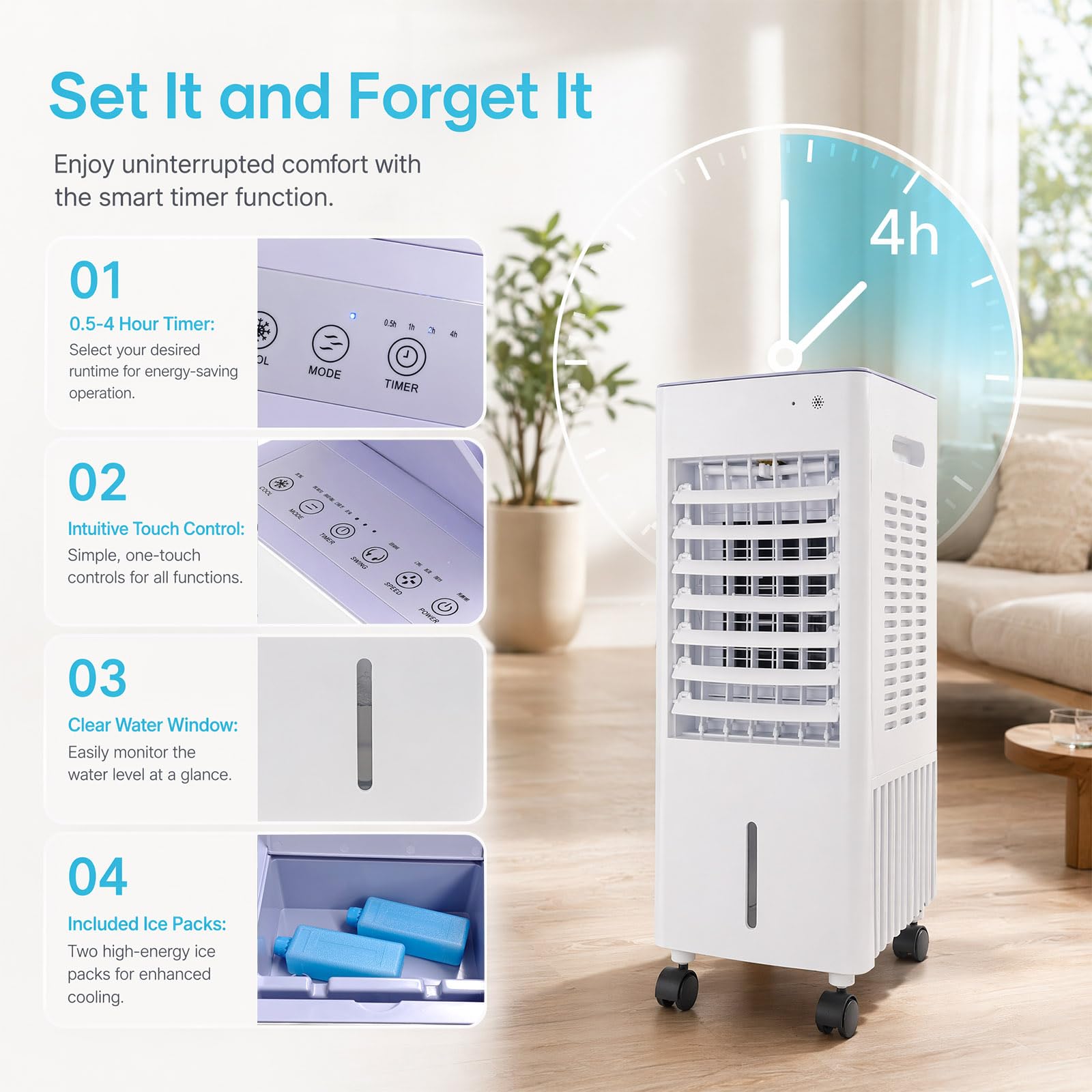 Rafraîchisseur d'air 4-en-1 Mobile sans Tuyau d'évacuation, Réservoir 12L avec 2 Blocs de Glace, Climatiseur Portable, Humidificateur, Purificateur, Télécommande, Minuterie 7.5h