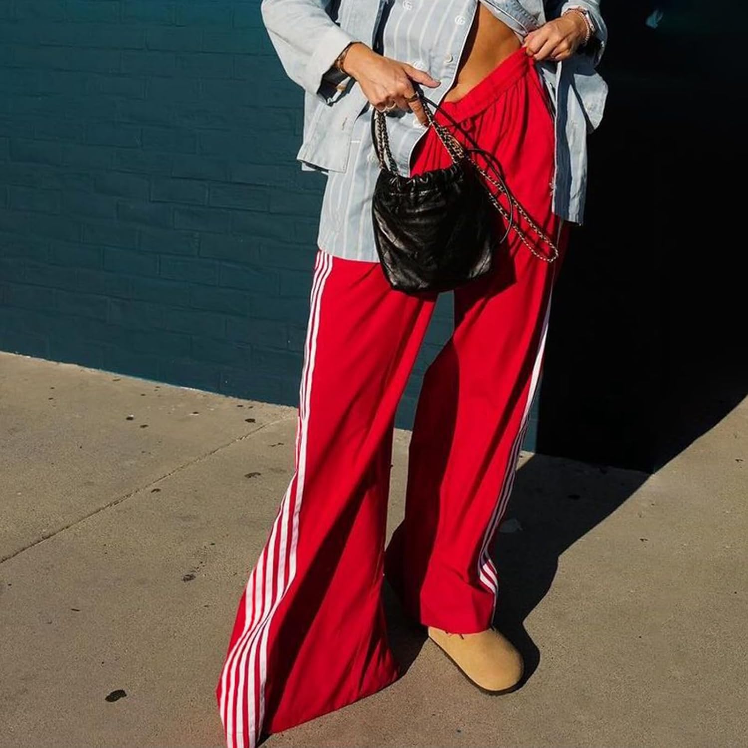 Women Side Striped Track Pants Y2k Drawstring Waist Wide Leg Cargo Sweatpants Casual Loose Jogger Lounge Pants - Image 5