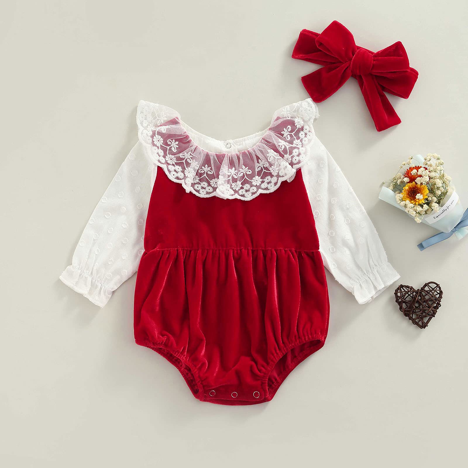 VISGOGO Newborn Infant Baby Girls Rompers Princess Lace Flower Velvet Jumpsuits Headband Clothes (Wine Red, 0-6 Months)