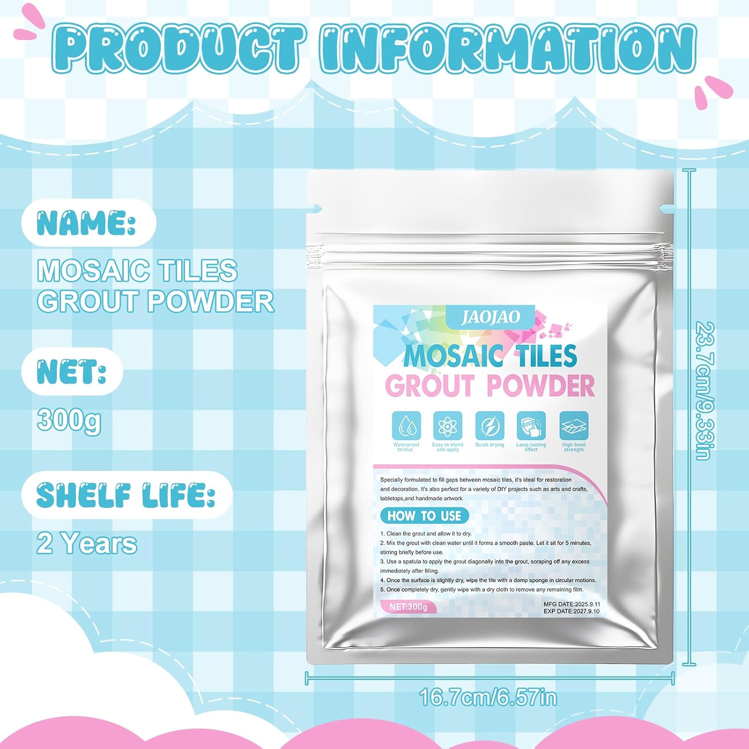 JAOJAO 10.6Oz Mosaic Grout Powder Mosaic Grout for Crafts White Unsanded Ceramic Tile Grout Essential for Handmade Grouting Use to Handmade Coasters, Candlesticks, Pen Holders, Vases