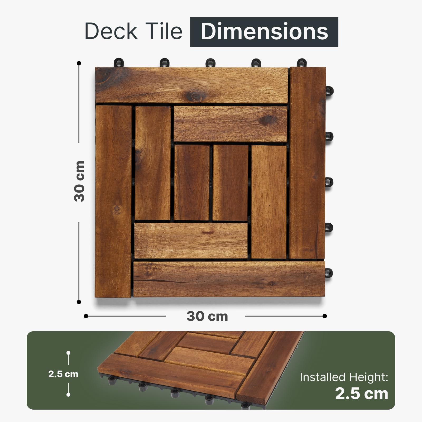 CLICK-DECK 10 azulejos de madera dura para terrazas | Patio, balcón, hormigón, bañera de hidromasaje | Piso cuadrado de conexión de 30 x 30 cm | Fácil instalación | Gran drenaje (6 azulejos de madera