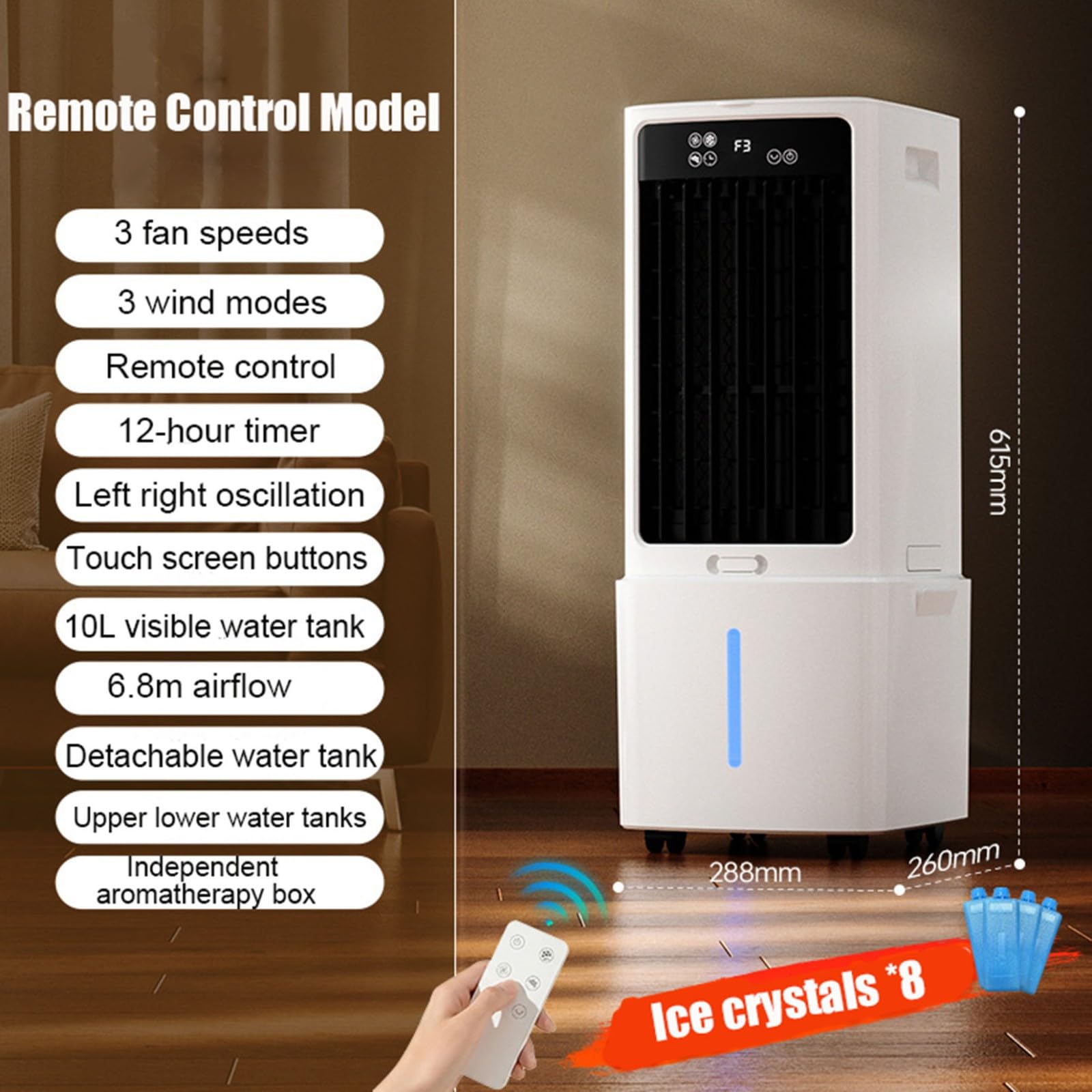 Raffrescatore Portatile Evaporativo con Serbatoio da 12L - Telecomando, 3 Velocità, Ventilatore Senza Finestra, Timer 12H, Raffrescatore per Soggiorno & Camera da Letto