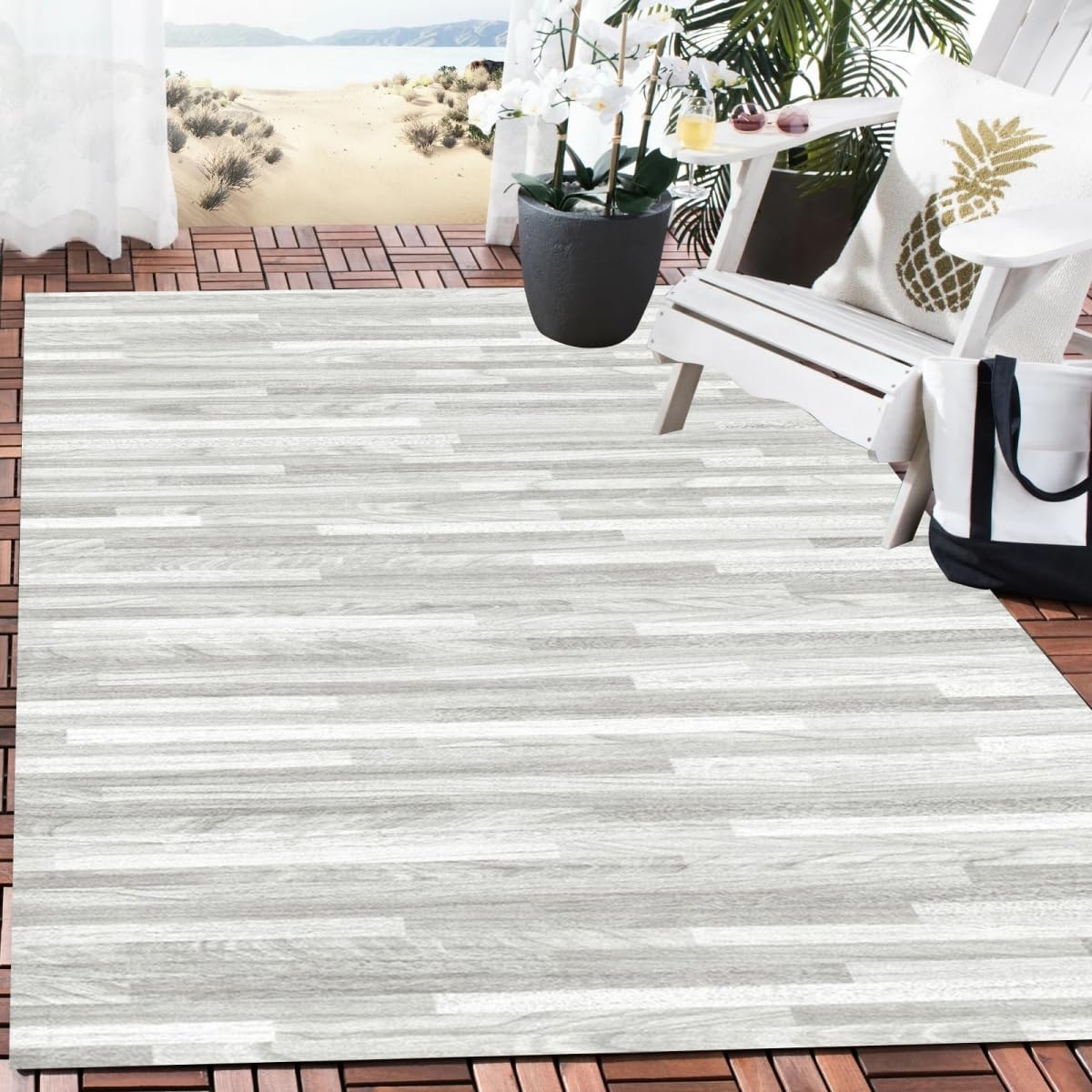 Waterproof Grey Beige Wood Grain Farmhouse Outdoor Rug 9x12