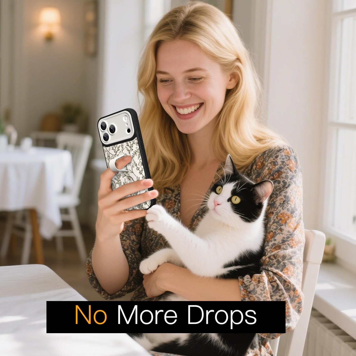 SOKAD for iPhone 17 Pro Max Case with Finger Strap Kickstand, Vintage Sage Floral Flower Phone Case with Finger Hand for Women Girls, Slim Full Camera Protection Shockproof Cover, Beige - Image 6