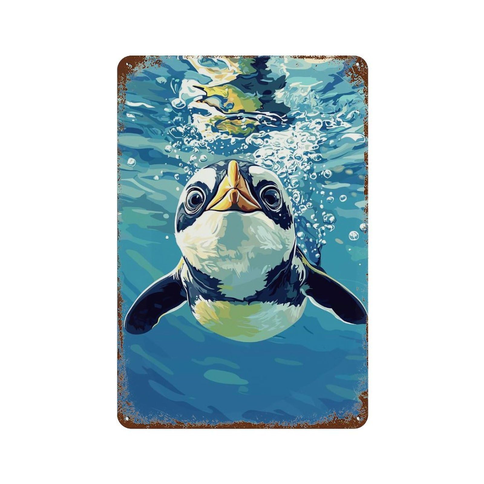Rust Effect Penguin Swimming Underwater Aged Metal Wall Plaque 11.8"x7.9", Shabby Chic Decor for Living Room, Hallway And Home Decor